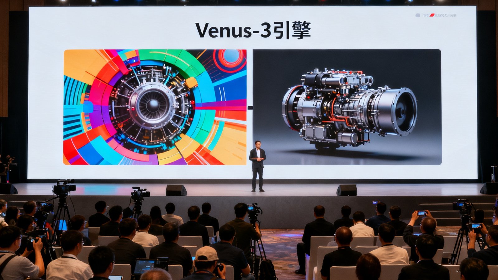 Venus-3引擎发布会现场大屏幕上展示新旧两代引擎的实时渲染对比，左侧画面色彩更饱满、叠加元素更丰富，台下坐满媒体记者。